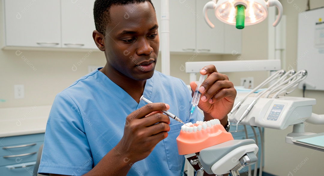 Dentista negro bonito testando em molde de dente