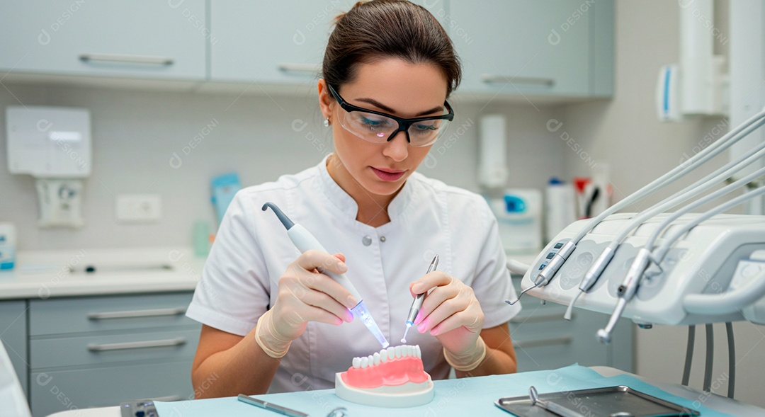 Dentista linda concentranda fazendo molde de dente