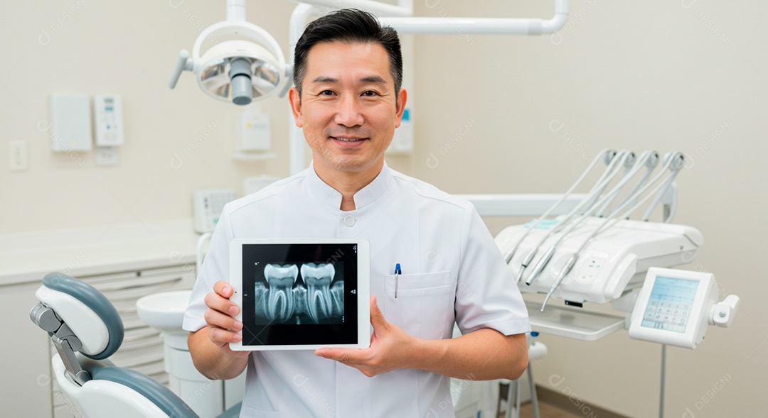 Dentista japonês mostrando raio x em seu consultório
