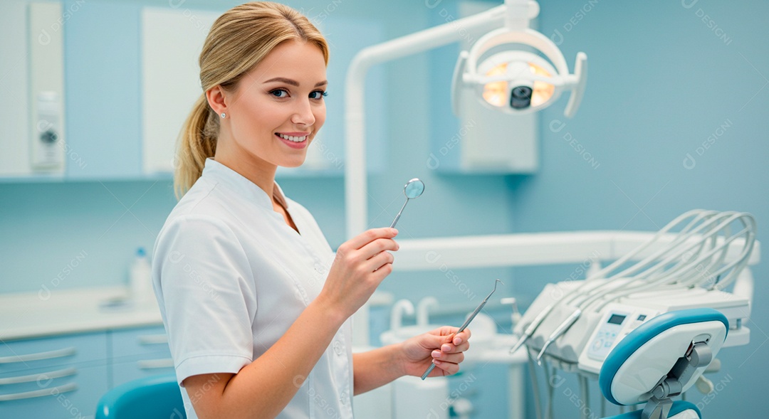 Dentista linda com instrumentos de odontológai nbas mãos