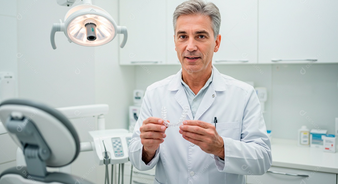 Dentista experiente em seu consultório analisando molde dentário