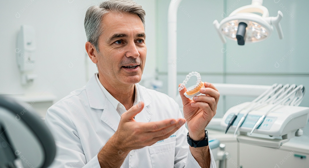 Dentista experiente em seu consultório analisando molde dentário