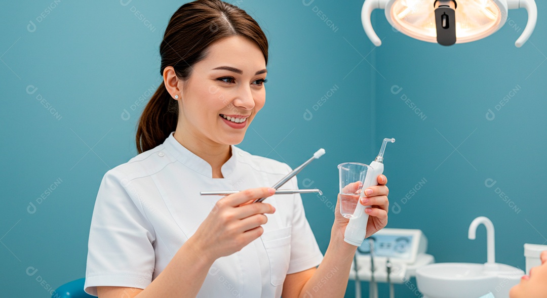 Dentista bonita com motores de odontológia