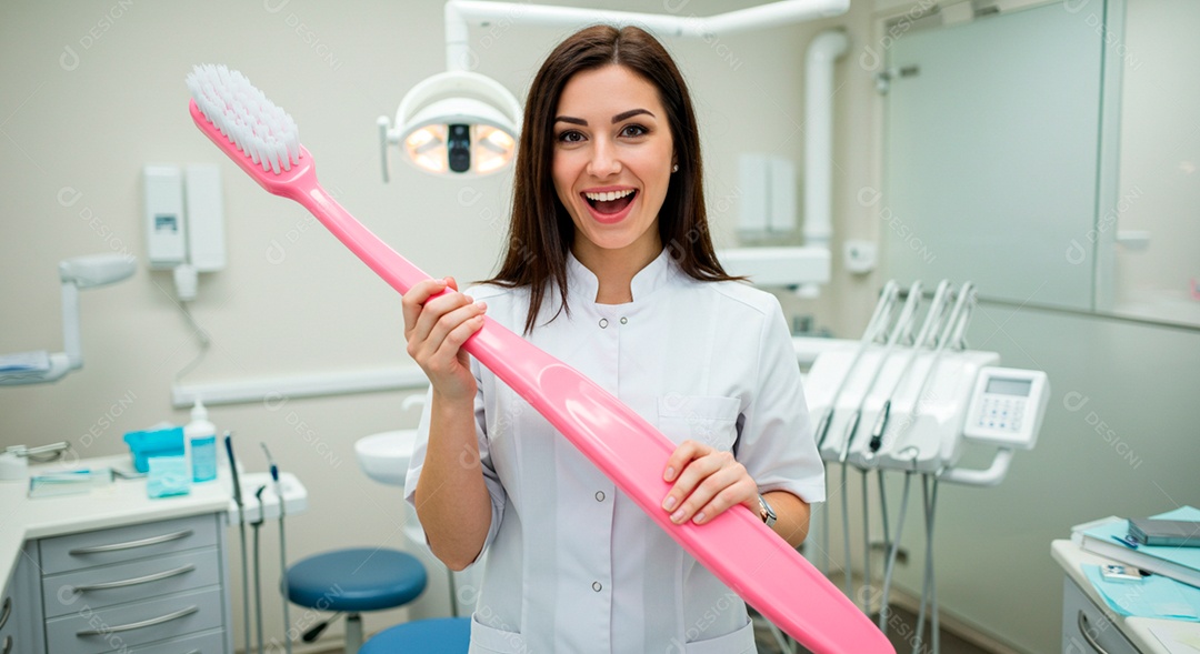 Dentista feliz mostrando moldutra de escova gigante