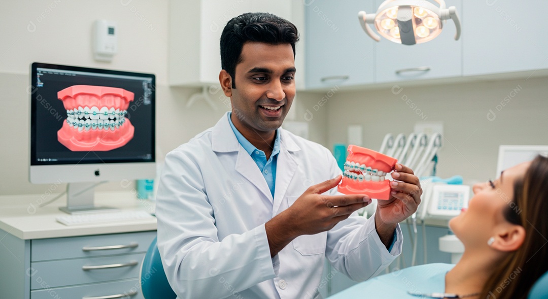 Dentista homem mostrando o molde a paciente