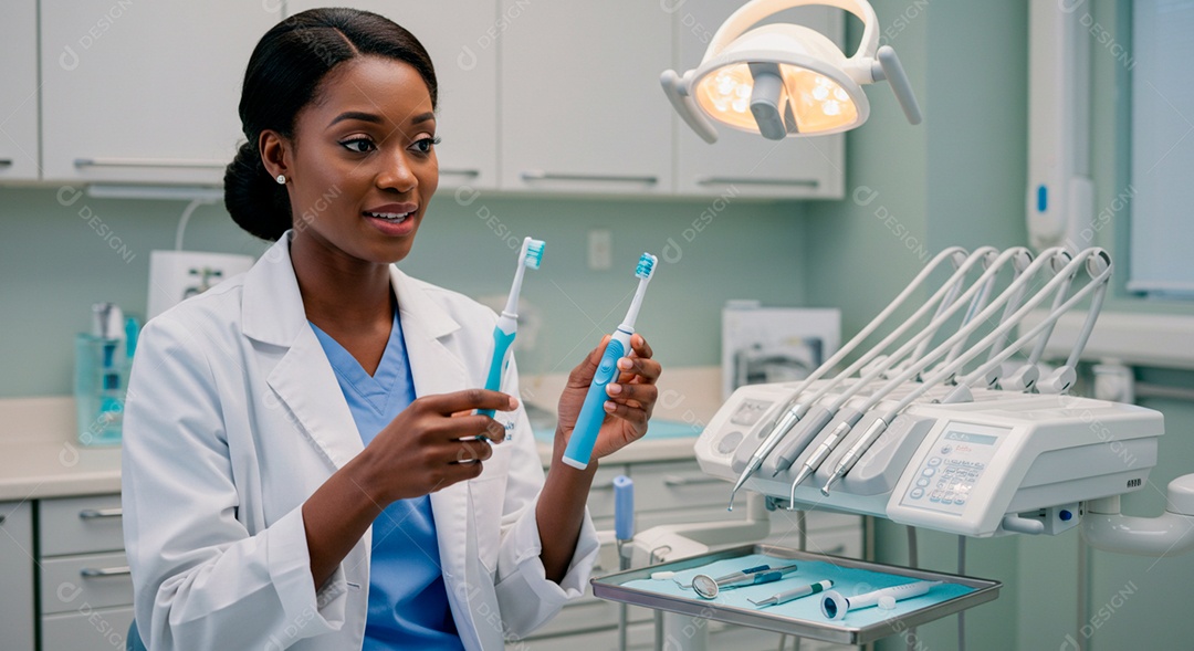 Dentista negra linda cuidado da saúde bucal em seu consutório