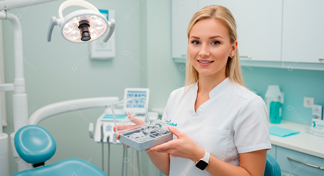 Dentista linda segurando equipamento de uso em consultório
