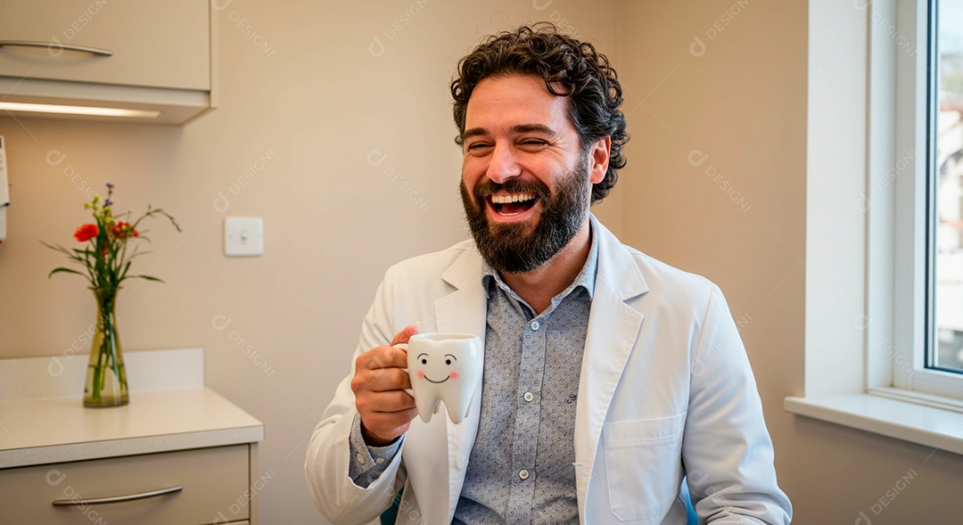 Dentista homem feliz tomando um café na xícara de dente