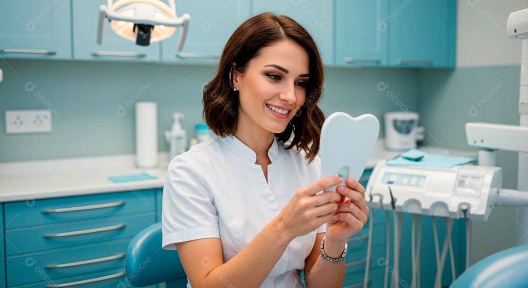 Dentista linda a espera de paciente se olhando em espelho