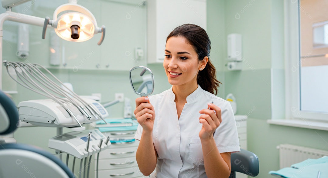 Dentista linda jovem em sua sala aguardando paciente sentada