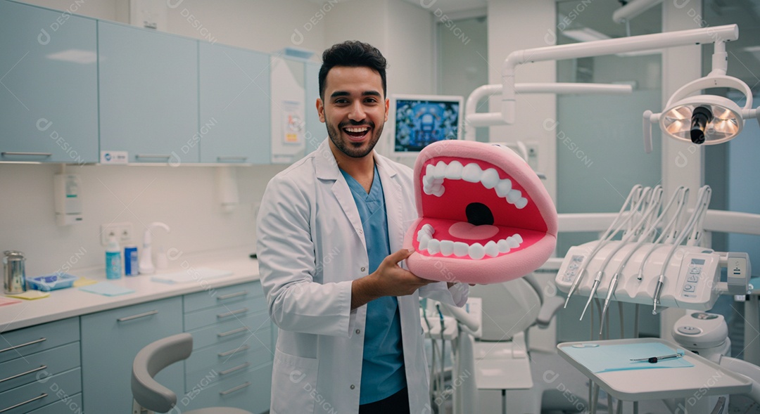 Dentista felliz mostrando o molde de uma boca gigante