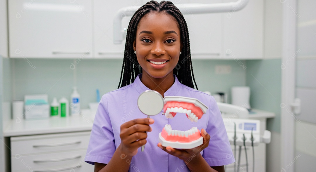 Dentista negra linda cuidado da saúde bucal infantil