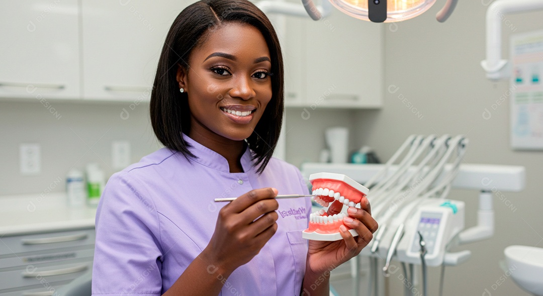 Dentista negra linda cuidado da saúde bucal em seu consutório