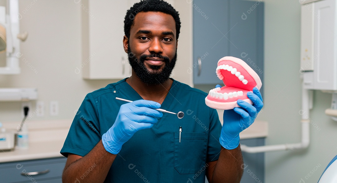 Dentista negro lindo montando molde de um paciente