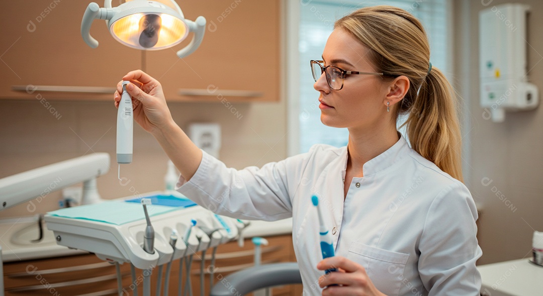 Dentista linda com instrumentos de trabalho na mão