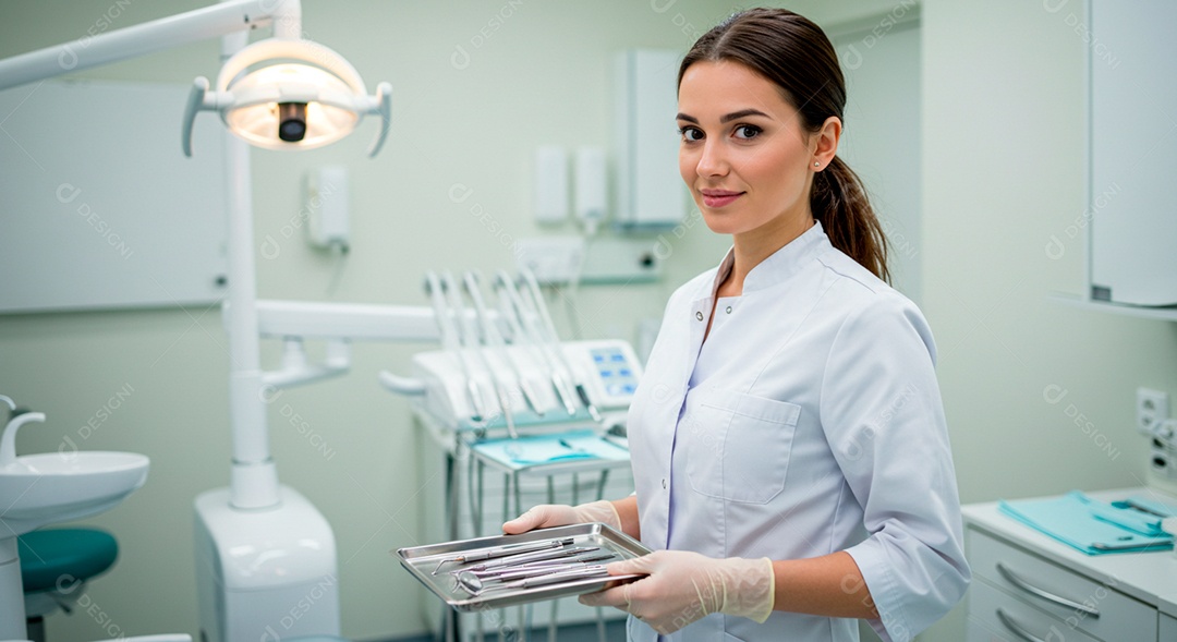 Dentista linda jovem segurando bandeja com instrumentos de trabalho