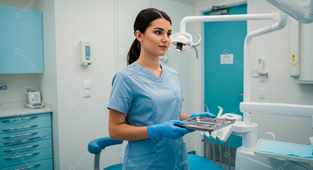 Dentista linda segurando bandeja com seus instrumento de trabalho