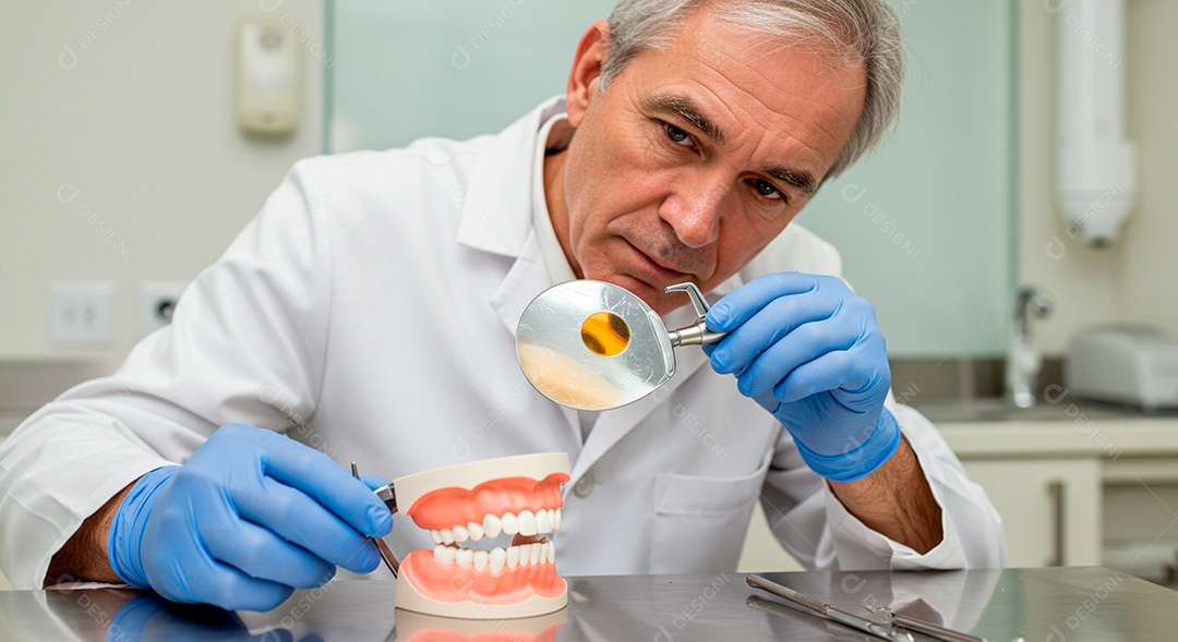 Dentista experiente em seu consultório analisando molde dentário