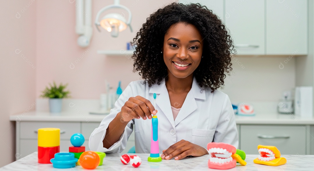 Dentista negra linda cuidado da saúde bucal infantil