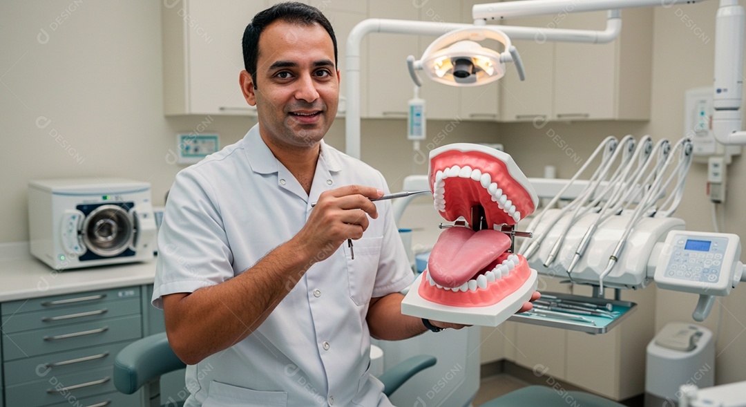 Dentista homem analisando molde para estudo