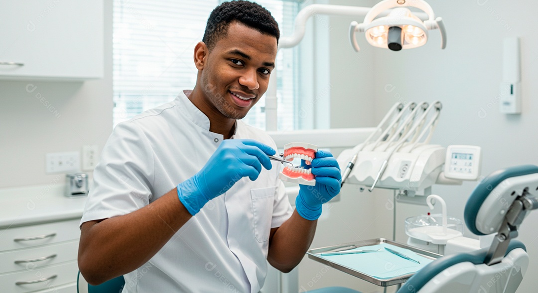 Dentista negro lindo montando molde de um paciente