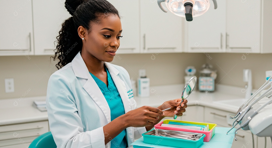 Dentista negra linda cuidado da saúde bucal infantil