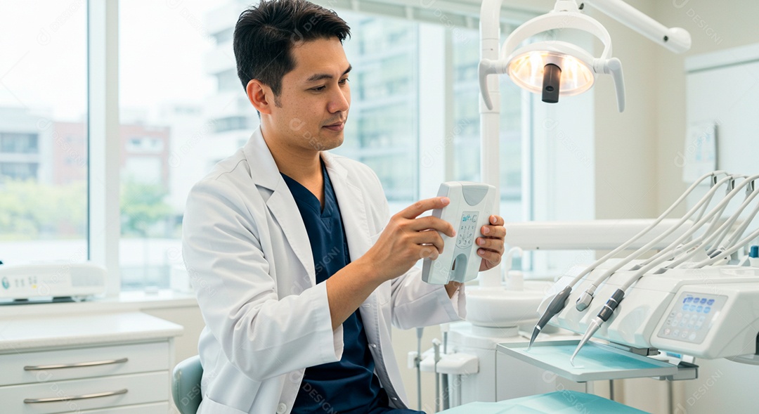Dentista lindo japonês arrumando equipamentos em sua sala de atendimento