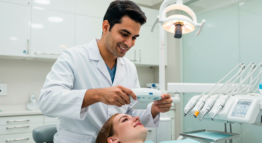 Dentista feliz atendendo uma paciente no seu consultório