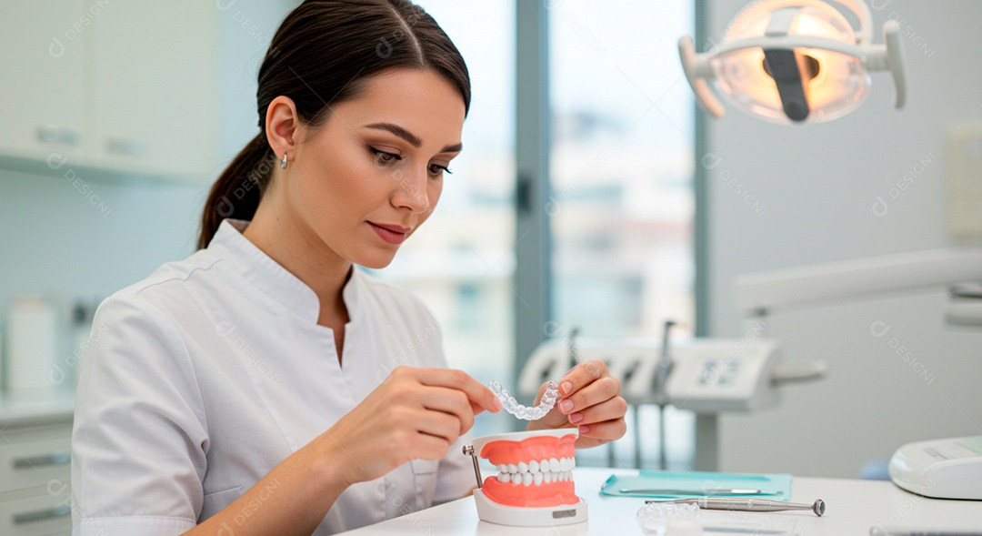 Dentista linda fazendo molde de uma paciente