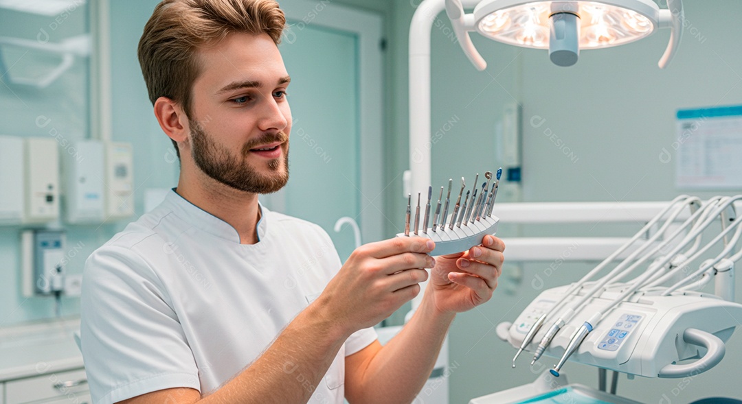 Dentista jovem arrumando equipamentos de uso no consultório