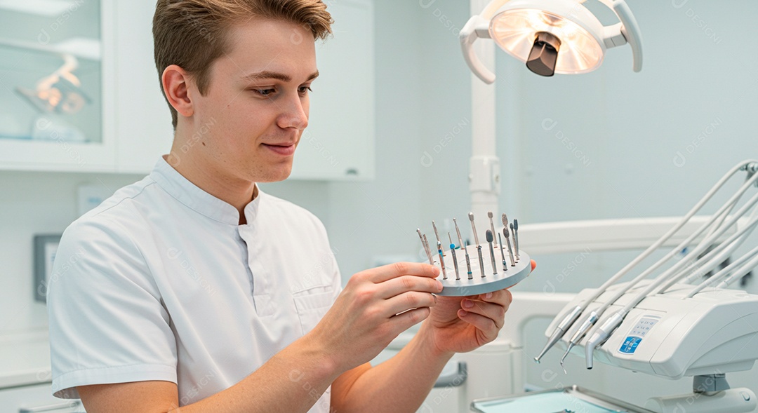 Dentista jovem arrumando equipamentos de uso no consultório