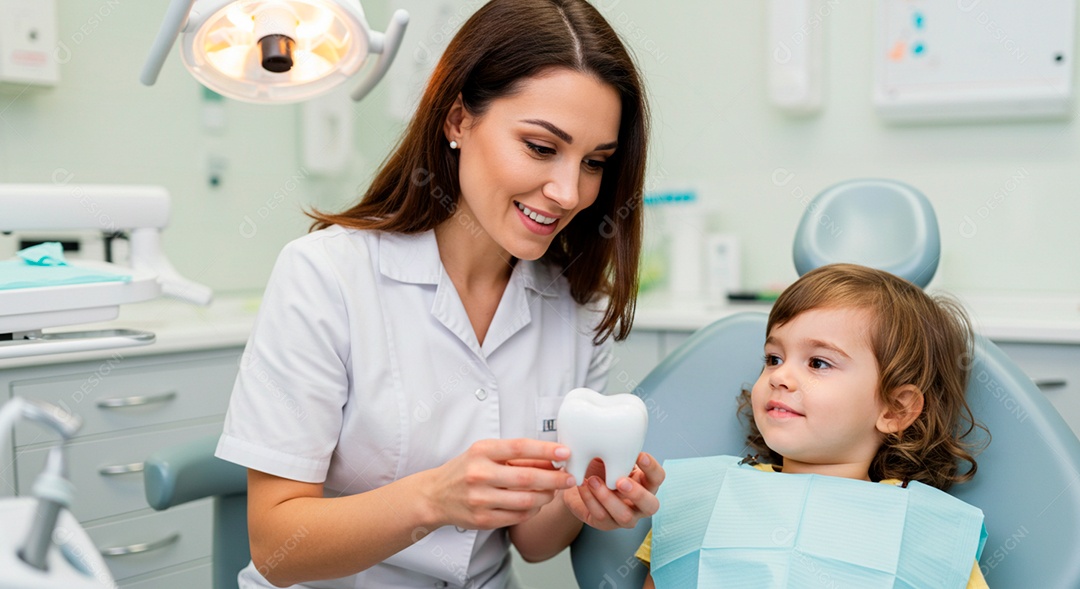 Dentista linda na aréa infantil cuidando dos dentes de uma linda criança