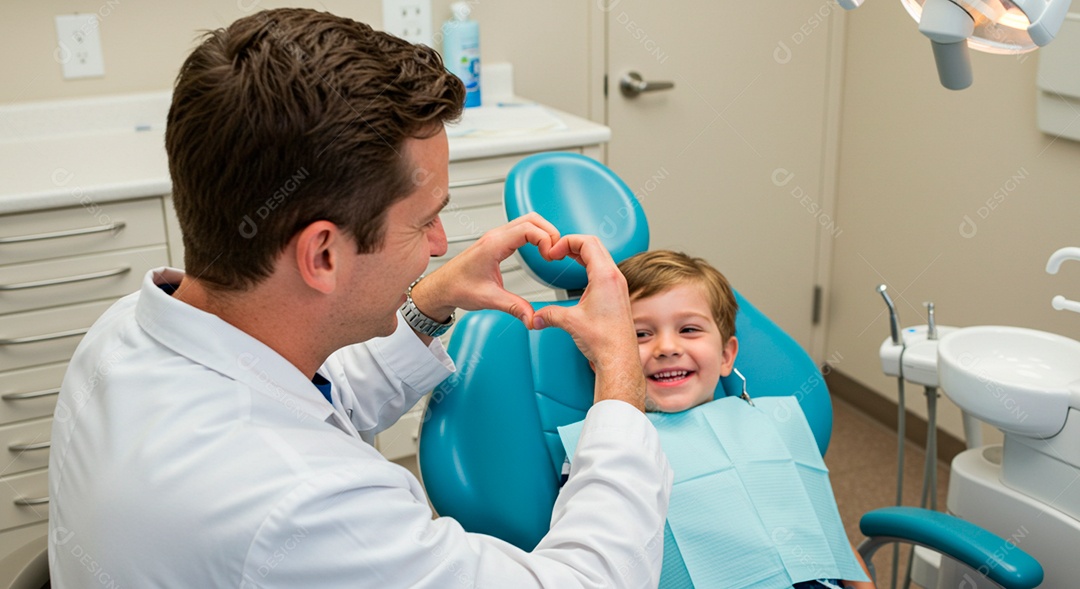 Dentista infantil com um garotinho no consultório