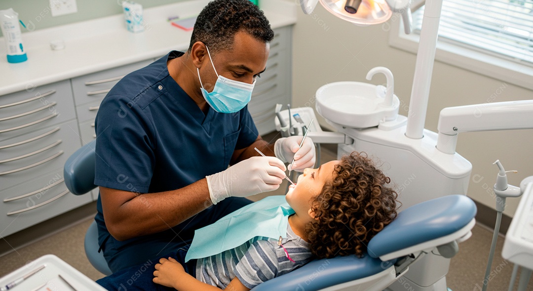 Dentista moreno atendendo uma criança