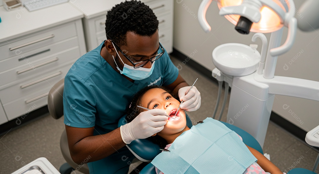 Dentista negro bonito cuidando da saúde bucal de uma garotinha