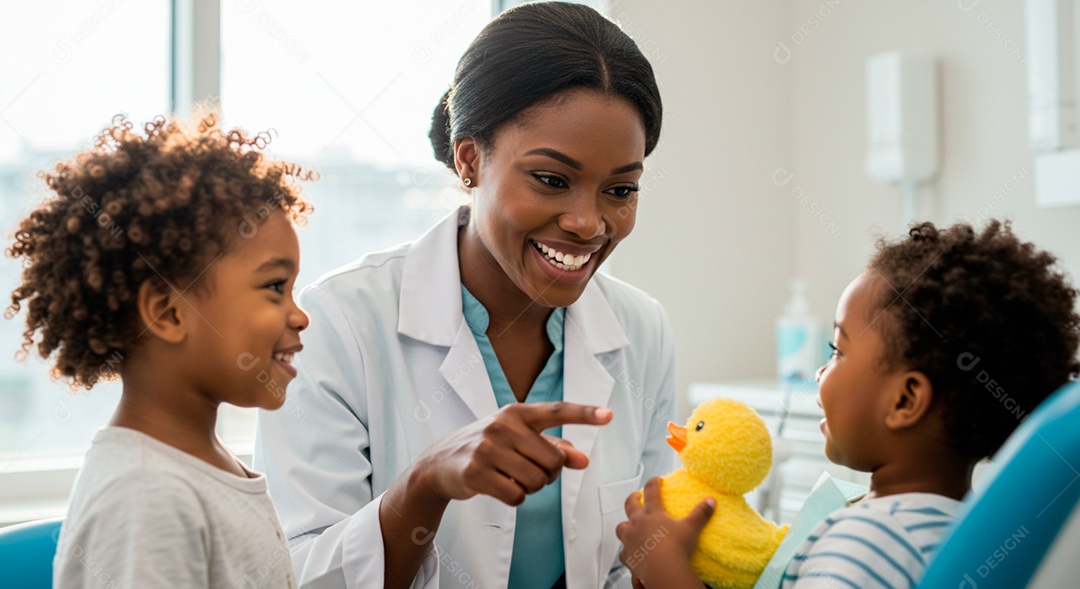 Dentista negra linda cuidado da saúde bucal de uma criança