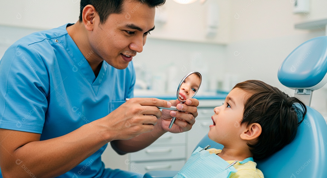 Dentista cuidando da saúde bucal de uma garotinho