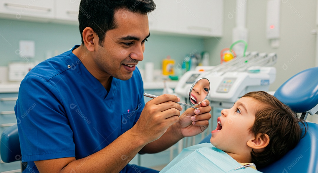 Dentista cuidando da saúde bucal de uma garotinho