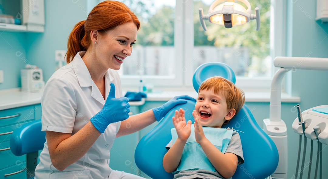 Dentista linda com seu mini paciente no consultório