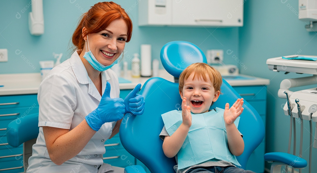 Dentista linda com seu mini paciente no consultório