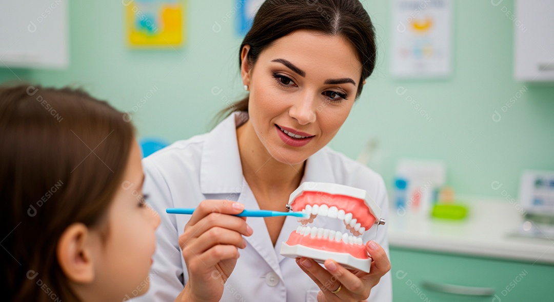 Dentista bonita mostrando método de trabalho para paciente