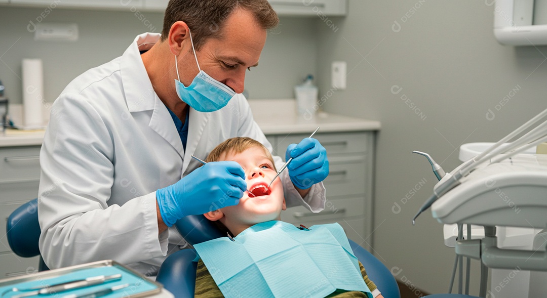 Dentista homem feliz atendendo um garotinho fofo