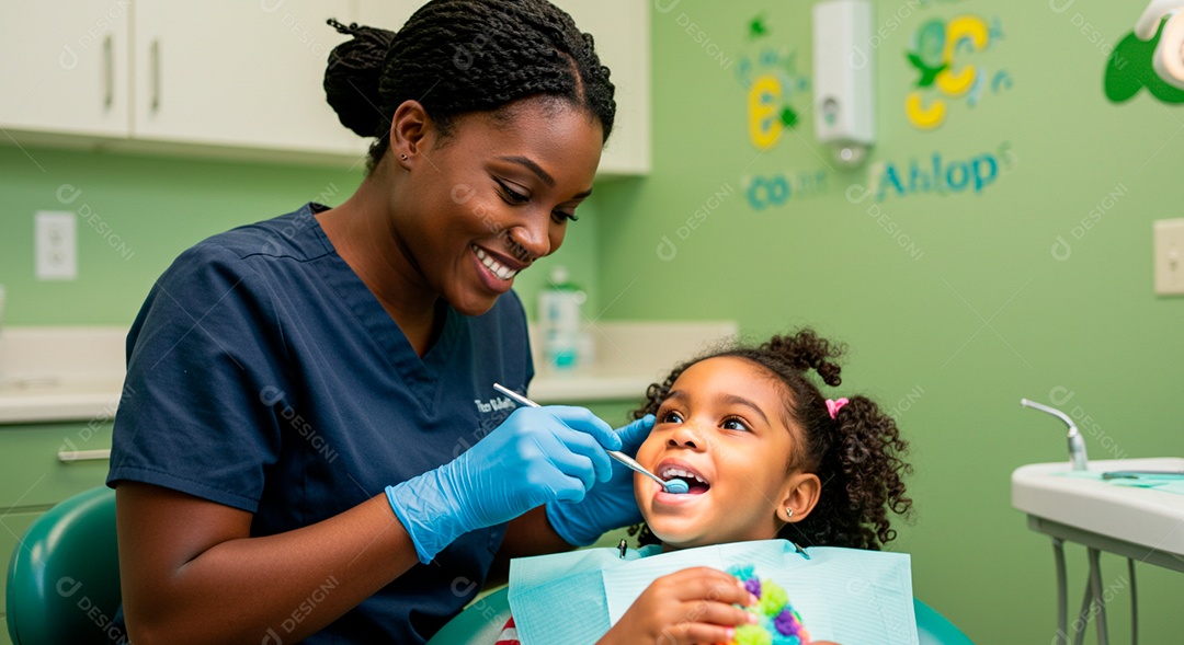 Dentista negra linda cuidado da saúde bucal de uma criança