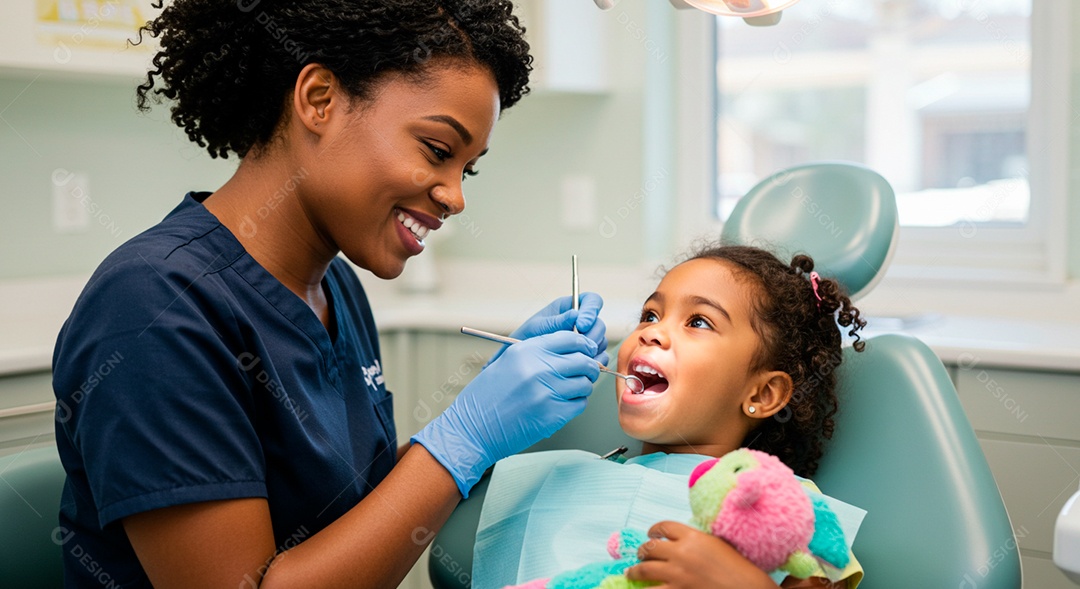 Dentista jovem linda analisando dentes de uma garotinha fofa