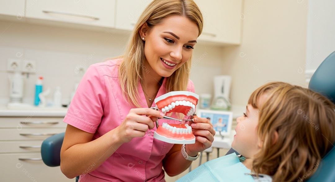 Dentista jovem e linda analisando dentes de uma criança