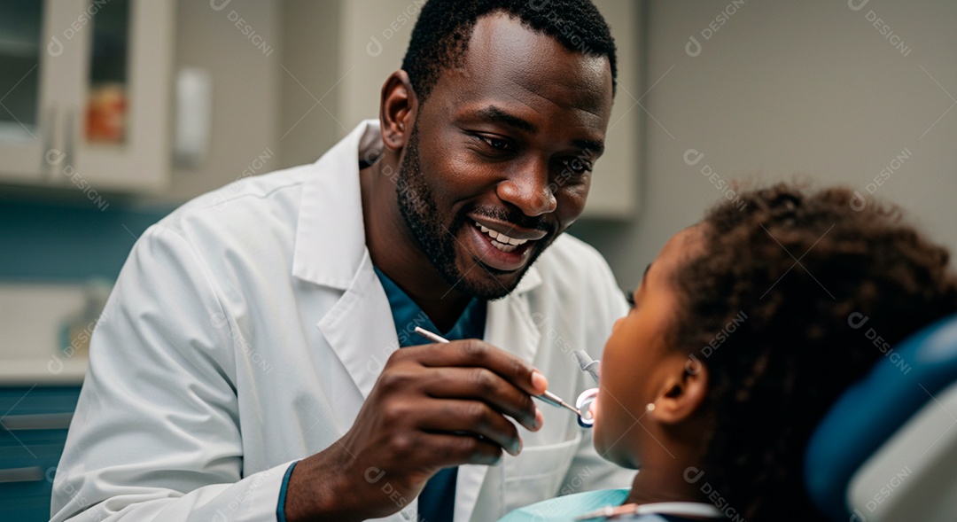 Dentista negro lindo em consulta com um garotinho fofo