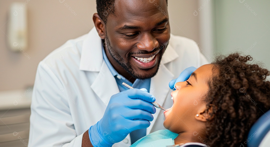 Dentista negro lindo em consulta com um garotinho fofo