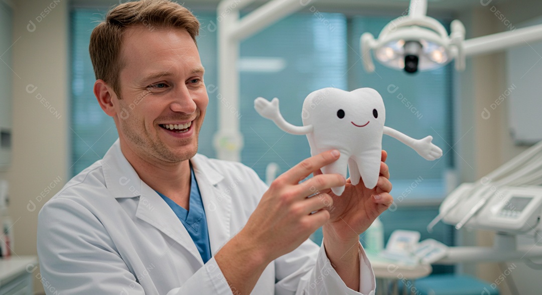Dentista homem feliz mostrando mini estátua de dente em consultório