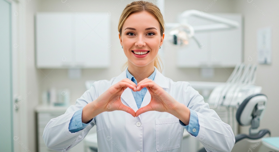 Dentista experiente linda em seu consultório com gesto de coração