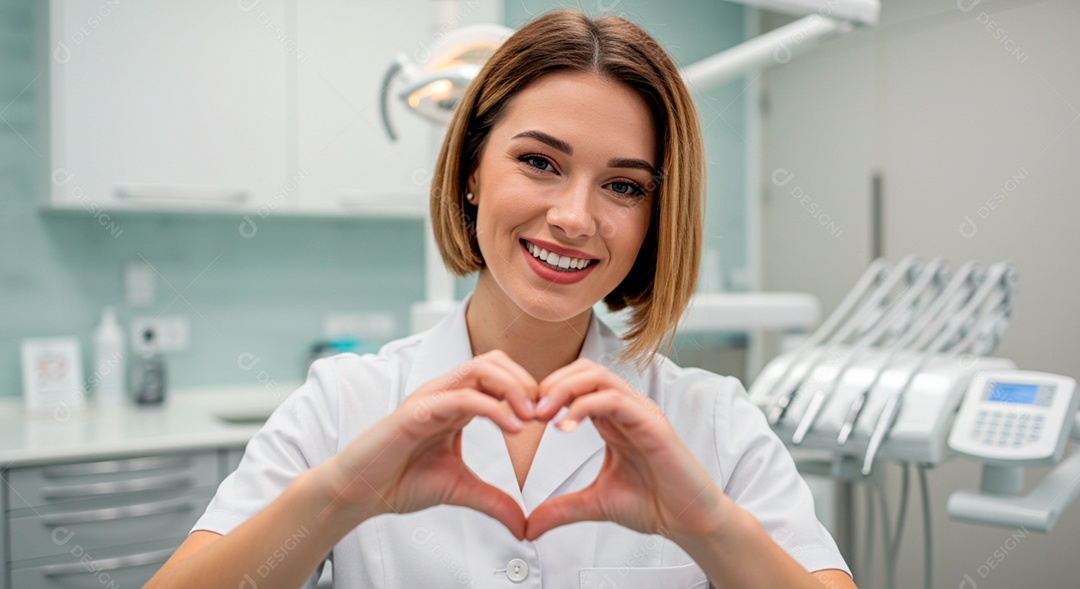 Dentista experiente linda em seu consultório com gesto de coração